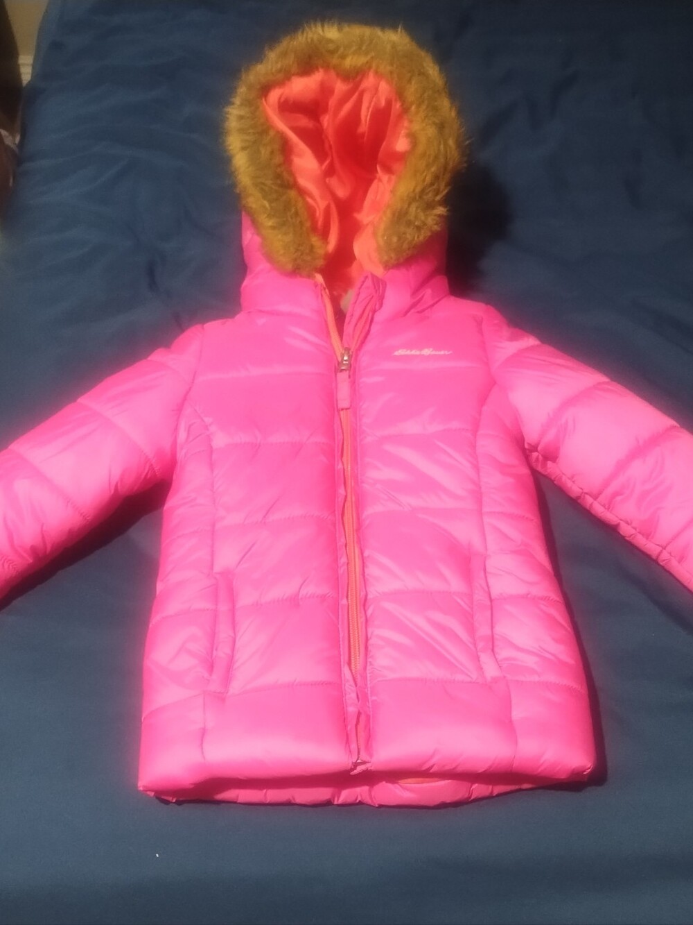 Kids Pink Hooded Puffer Jacket with Faux Fur Trim Eddie Bauer 2t